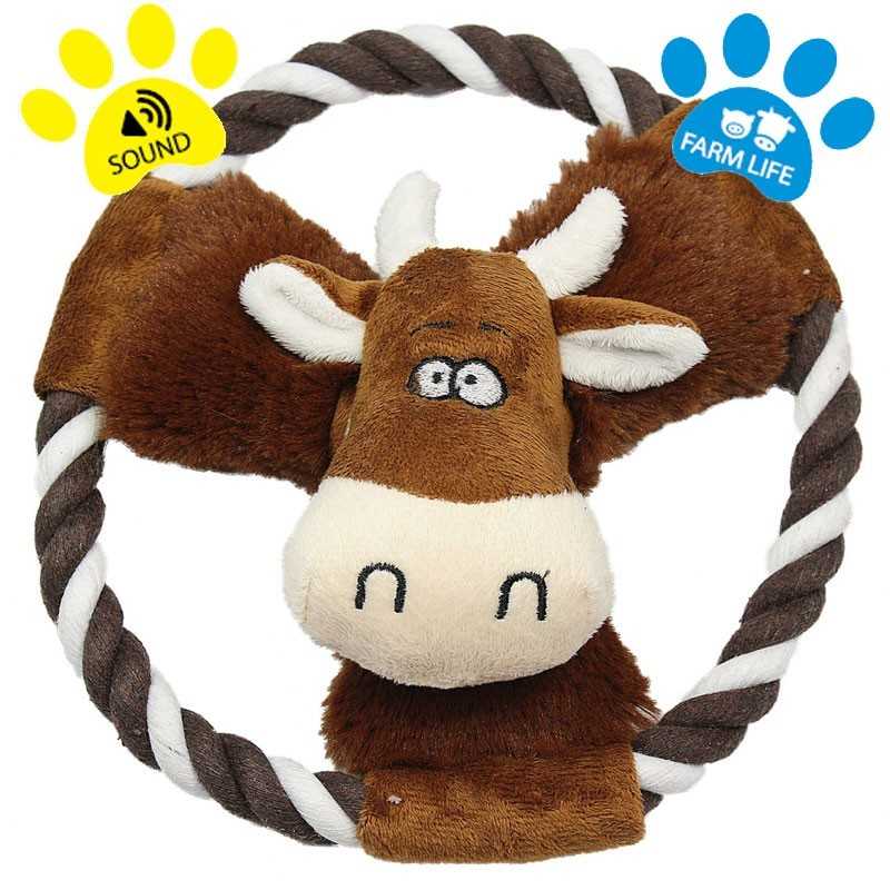 DOG LIFE STYLE Peluche vache grinçante sur corde 20cm